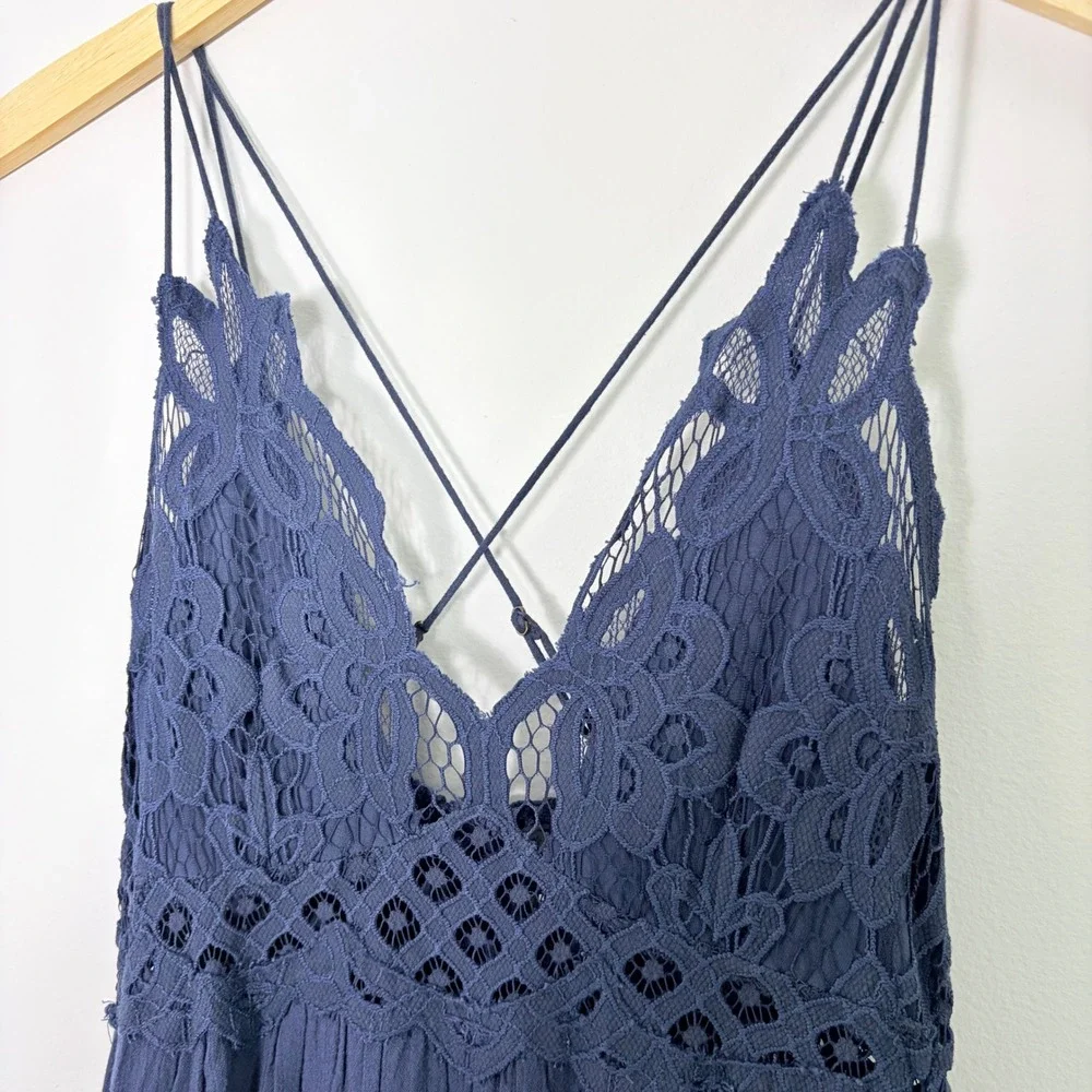 Free People FP One Adella Maxi Slip Dress Navy Blue Crochet‎ Lace Ruffle Small